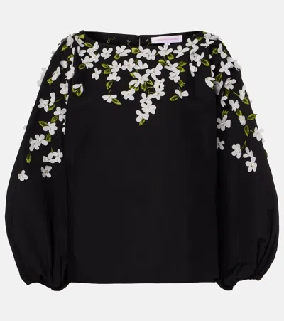 CAROLINA HERRERA FLORAL-APPLIQUÉ COTTON-BLEND TOP