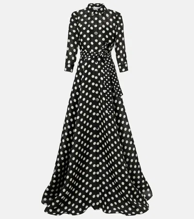 CAROLINA HERRERA FLORAL-APPLIQUÉ POLKA-DOT SILK GOWN
