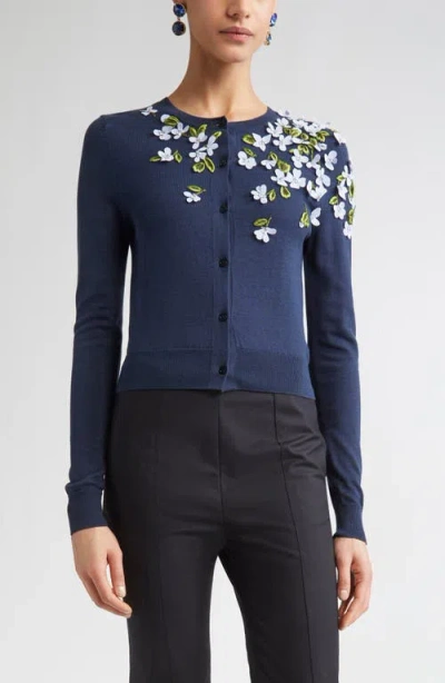 CAROLINA HERRERA CAROLINA HERRERA FLORAL APPLIQUÉ SILK & COTTON CARDIGAN