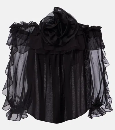 Carolina Herrera Floral-appliqué Silk Tulle Top In Black