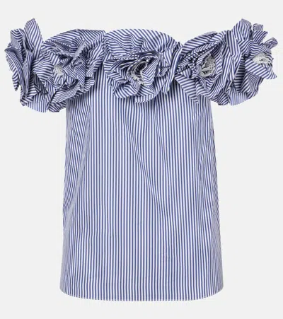 CAROLINA HERRERA FLORAL-APPLIQUÉ STRIPED COTTON TOP