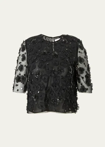 Carolina Herrera Floral Embroidered Puff-sleeve Sheer Top In Black