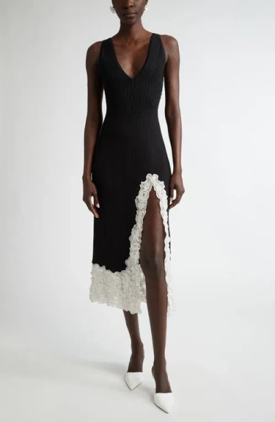 Carolina Herrera Floral Appliqué Trim Rib Midi Tank Dress