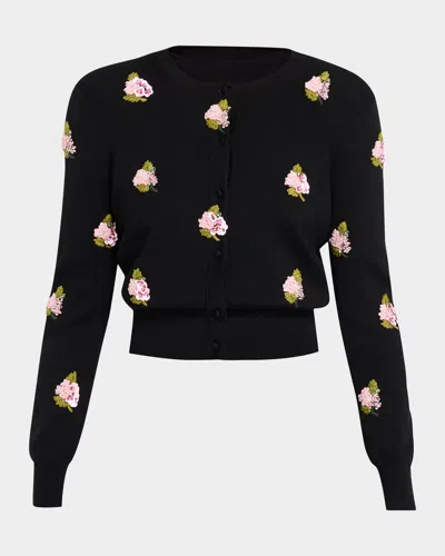 Carolina Herrera Floral Beaded Silk-cotton Knit Crop Cardigan In Black Mult