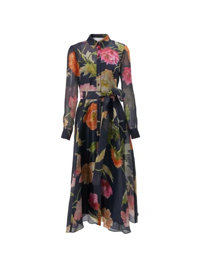 Carolina Herrera Floral Belted Midi Dress In Blue