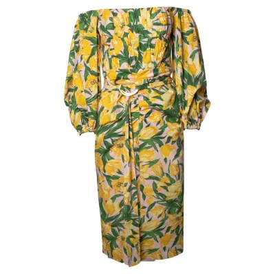 Pre-owned Carolina Herrera , Floral Belted Midi Dress In Brown