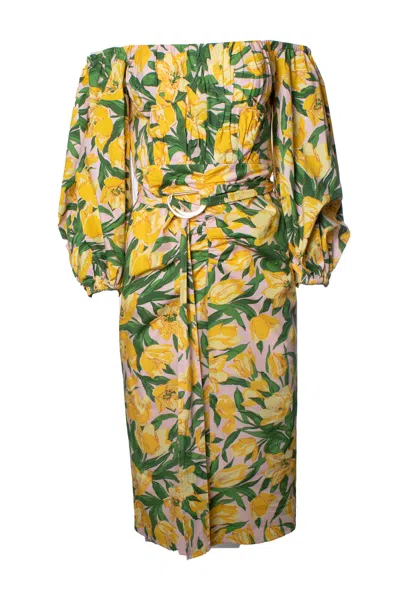 Carolina Herrera , Floral Belted Midi Dress In Multi
