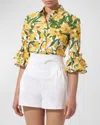 CAROLINA HERRERA FLORAL BOW FLOUNCE-SLEEVE BUTTON DOWN BLOUSE