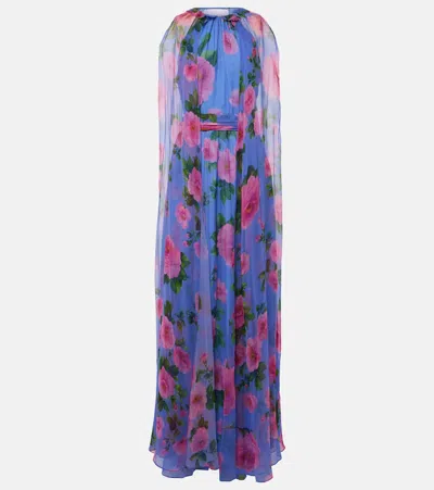 Carolina Herrera Floral Caped Halterneck Silk Gown In Blue