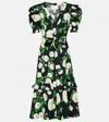 Carolina Herrera Floral Puff Sleeve Stretch Midi Dress In Black