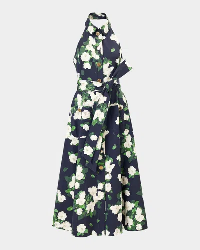 Carolina Herrera Floral Cotton Button-front Halter Midi Dress In Blue