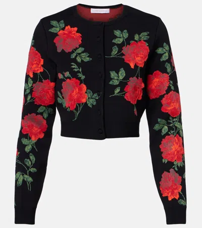 Carolina Herrera Floral Cropped Jacquard Cardigan In Black