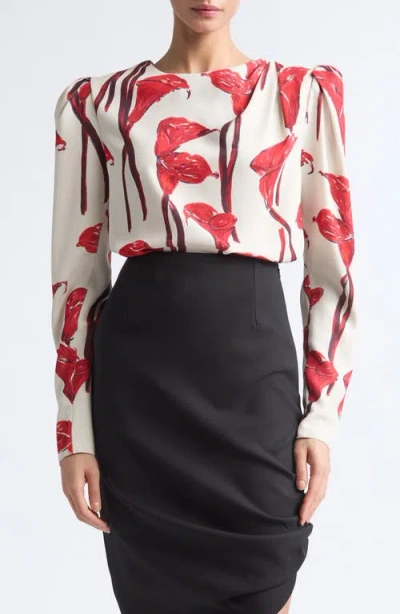 Carolina Herrera Floral Draped Puff Shoulder Blouse In Multi
