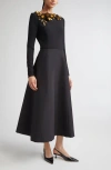 Carolina Herrera Floral Embellished Long Sleeve Midi Dress In Black