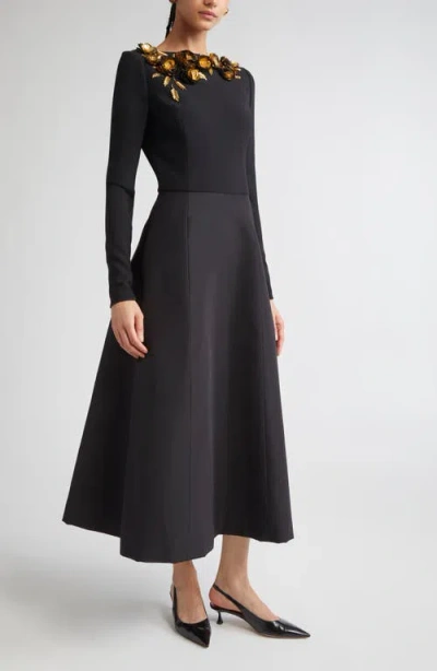 Carolina Herrera Floral Embellished Long Sleeve Midi Dress In Black