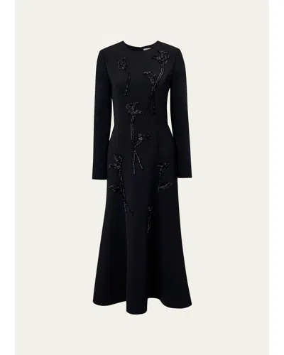 Carolina Herrera Floral Embellished Long-sleeve Midi Trumpet Dress In Black