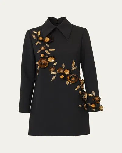 CAROLINA HERRERA FLORAL EMBELLISHED WOOL SHIFT DRESS