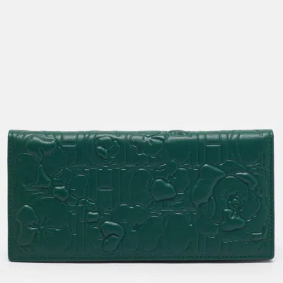 Pre-owned Carolina Herrera Floral Embossed Green Leather Long Wallet