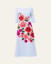 Carolina Herrera Floral Embroidered 3/4-sleeve Midi Dress In Celeste Multi