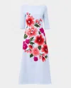 Carolina Herrera Floral Embroidered 3/4-sleeve Midi Dress In Celeste Multi