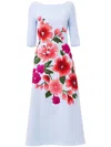Carolina Herrera Floral Embroidered 3/4-sleeve Midi Dress In Blue