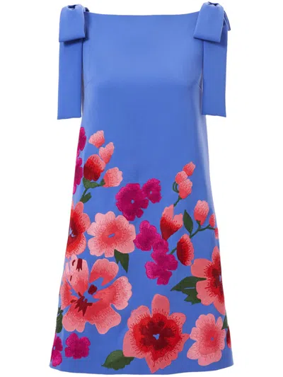Carolina Herrera Floral-embroidered Bow-detail Mini Dress In Delphinium Mult