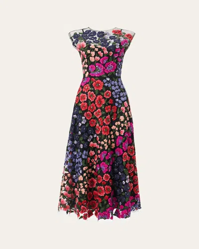 Carolina Herrera Floral Embroidered Cap Sleeve Midi Dress In Multi-color