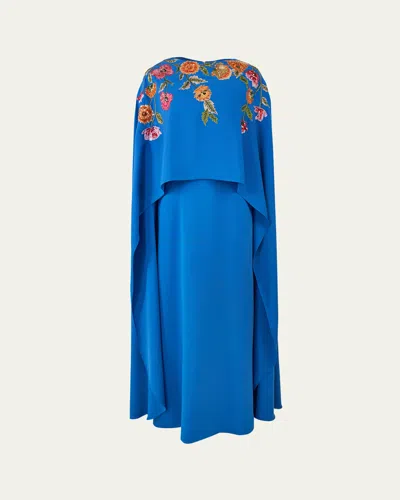 Carolina Herrera Floral Embroidered Cape Caftan Gown In Blue