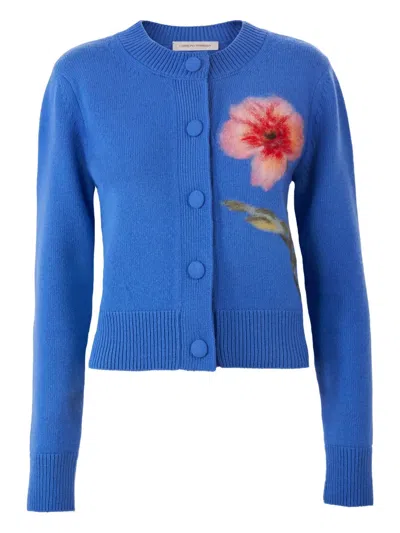 Carolina Herrera Floral-embroidered Cardigan In Blue