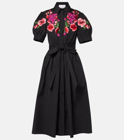 Carolina Herrera Floral Embroidered Cotton-blend Shirt Dress In Black