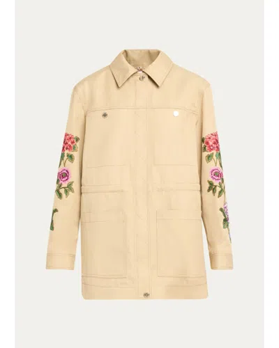 Carolina Herrera Floral Embroidered Cotton Twill Zip Utility Jacket In Birch