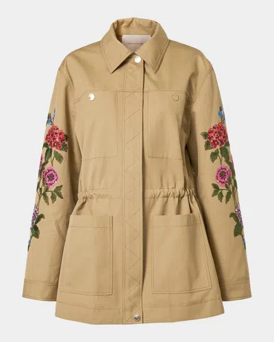 Carolina Herrera Floral Embroidered Cotton Twill Zip Utility Jacket In Birch