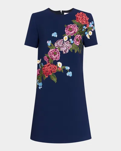 Carolina Herrera Floral Embroidered Crepe Short-sleeve Mini Dress In Blue