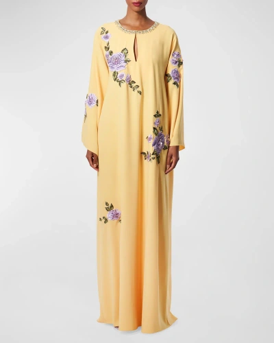 Carolina Herrera Floral Embroidered Crystal Long-sleeve Caftan Gown In Sunshine Yellow