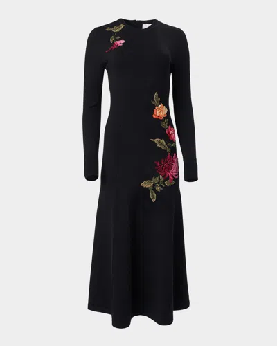 CAROLINA HERRERA FLORAL EMBROIDERED LONG-SLEEVE MIDI DRESS