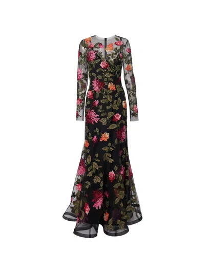 Carolina Herrera Chrysanthemum Embroidered Long Sleeve Tulle Trumpet Gown In Multi