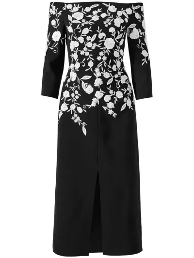 Carolina Herrera Floral-embroidered Midi Dress In Black