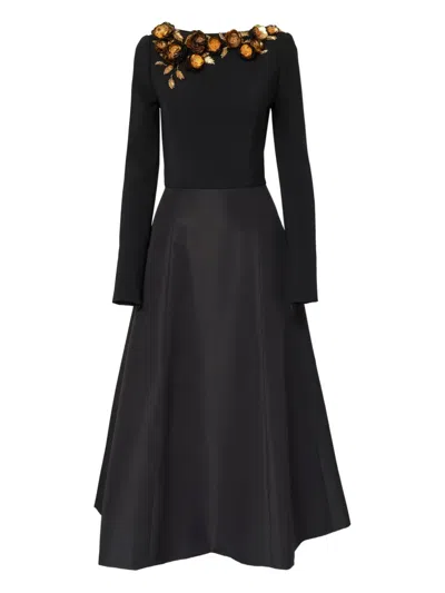 Carolina Herrera Floral-embroidered Midi Dress In Black