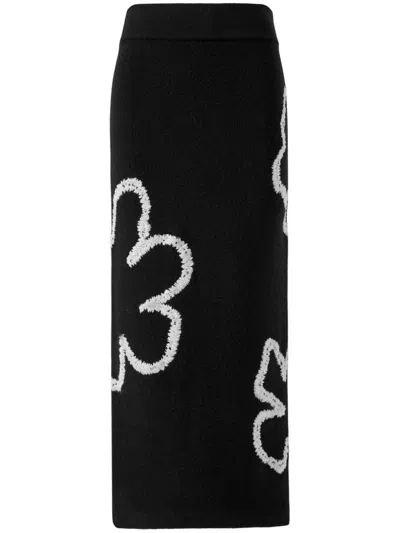 Carolina Herrera Floral Embroidered Knit Midi Skirt In Blk/wht