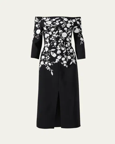 CAROLINA HERRERA FLORAL EMBROIDERED OFF-SHOULDER MIDI DRESS