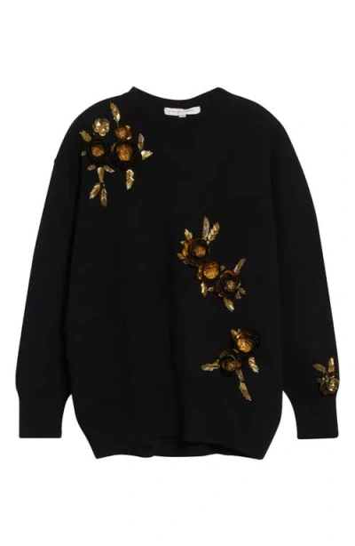 Carolina Herrera Floral Embroidered Oversize Virgin Wool & Cashere Sweater In Black