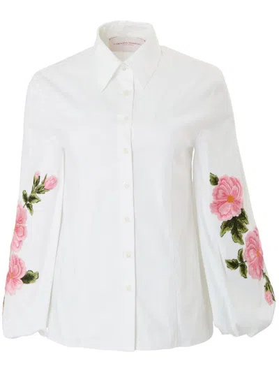 CAROLINA HERRERA FLORAL-EMBROIDERED PUFF-SLEEVE BLOUSE