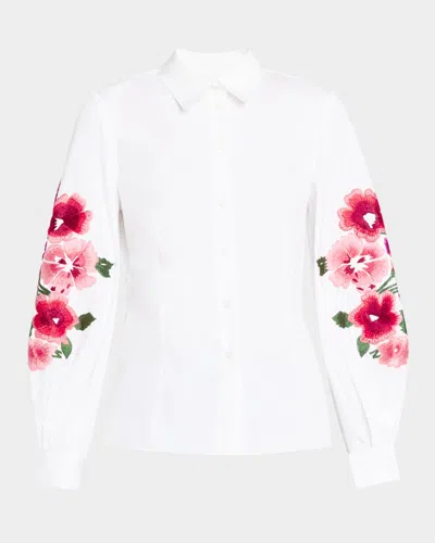 CAROLINA HERRERA FLORAL-EMBROIDERED PUFF-SLEEVE BUTTON-DOWN SHIRT