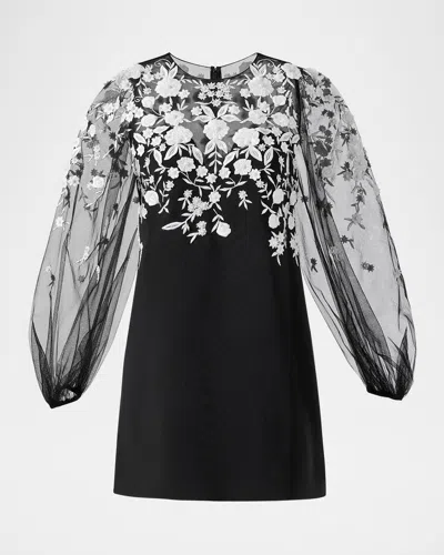 Carolina Herrera Floral Embroidered Puff-sleeve Mini Illusion Dress In Black/white