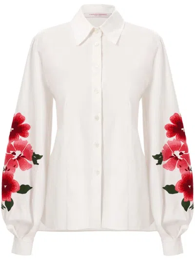 Carolina Herrera Floral Embroidered Stretch Cotton Button-up Shirt In White Multi