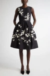 Carolina Herrera Floral Embroidered Sleeveless Fit-&-flare Dress In Black/white