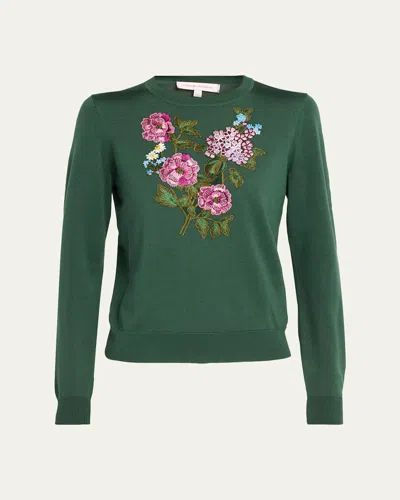 Carolina Herrera Floral Embroidered Silk-cotton Crewneck Sweater In Green