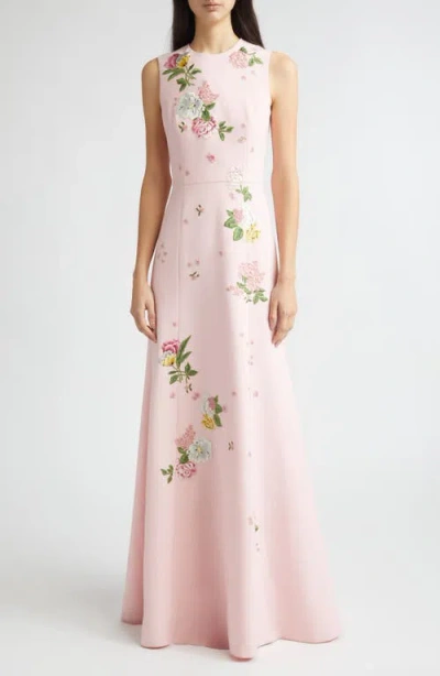 Carolina Herrera Floral Embroidered Sleeveless Crepe Gown In Pink