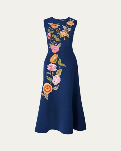 Carolina Herrera Floral Embroidered Sleeveless Midi Dress In Blue