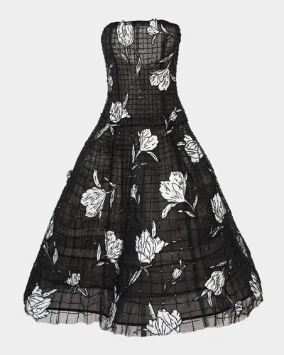 Carolina Herrera Floral Embroidered Strapless Drop-waist Dress In Black